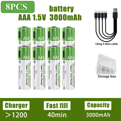 Nuove Batterie al Litio Ricaricabili AA 1.5V 3800mAh + AAA 3000mAh, Ricarica Rapida, 1200 Cicli, con Cavi Gratuiti e Scatola
