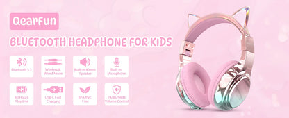 Cuffie wireless a forma di orecchie di gatto per ragazze e bambini, cuffie Bluetooth con volume sicuro 74/85/94dB, cuffie pieghevoli per bambini, ideali per i viaggi