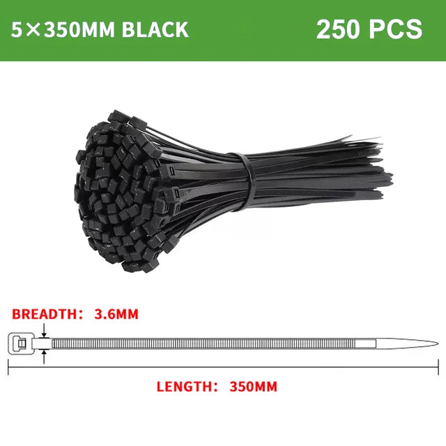 250PCS Fascetta in nylon di plastica autobloccante Fascetta per cavi nera 5X300 8*200mm Anello di fissaggio Fascetta per cavi Fascette per cavi in nylon con cinturino