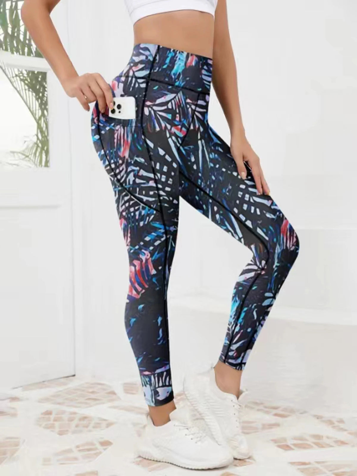 Pantaloni fitness da donna con tasca a vita alta stampati abbinati a pantaloni da yoga addominali attillati, adatti per correre, escursioni e sp