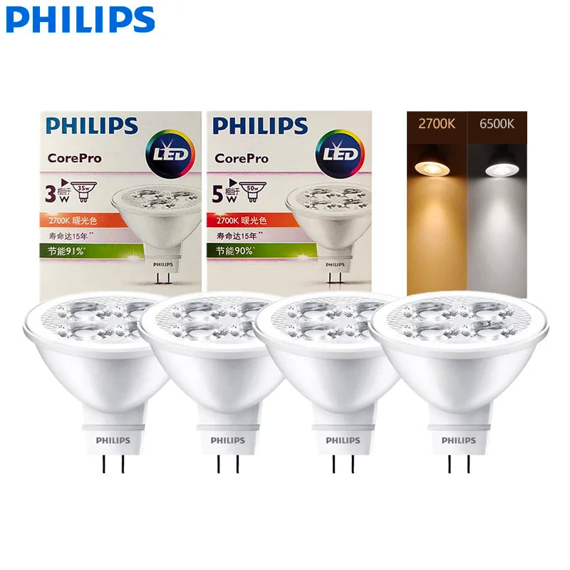 Philips 4 pezzi CorePro LED MR16 3W(=35W) 5W(=50W) Lampadina riflettente 12V GU5.3 24D Spot Light 2700K 6500K Bianco Hotel Negozi Lampade