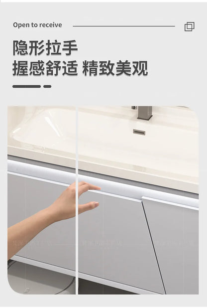 Mobile Bagno Moderno Intelligente con Lavabo Integrato in Ceramica, Armadietti in Rovere, Specchio LED e Mobiletto - Arredamento Bagno