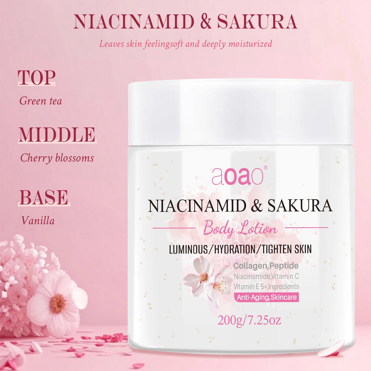 Lozione Corpo Profumata alla Niacinamide e Sakura, Contiene Burro di Karité, Niacinamide e Sakura, Rinfrescante, Non Appiccica, Pelle Morbida e Liscia, Idratante Corpo Intero Nutriente a Lunga Durata per la Cura della Pelle