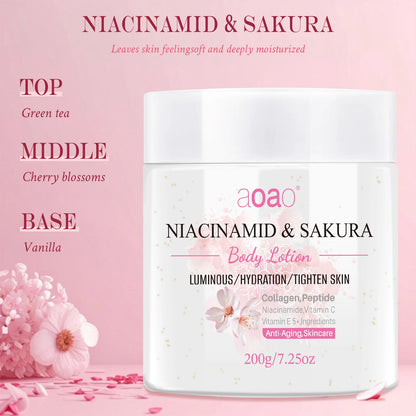 Lozione Corpo Profumata alla Niacinamide e Sakura, Contiene Burro di Karité, Niacinamide e Sakura, Rinfrescante, Non Appiccica, Pelle Morbida e Liscia, Idratante Corpo Intero Nutriente a Lunga Durata per la Cura della Pelle