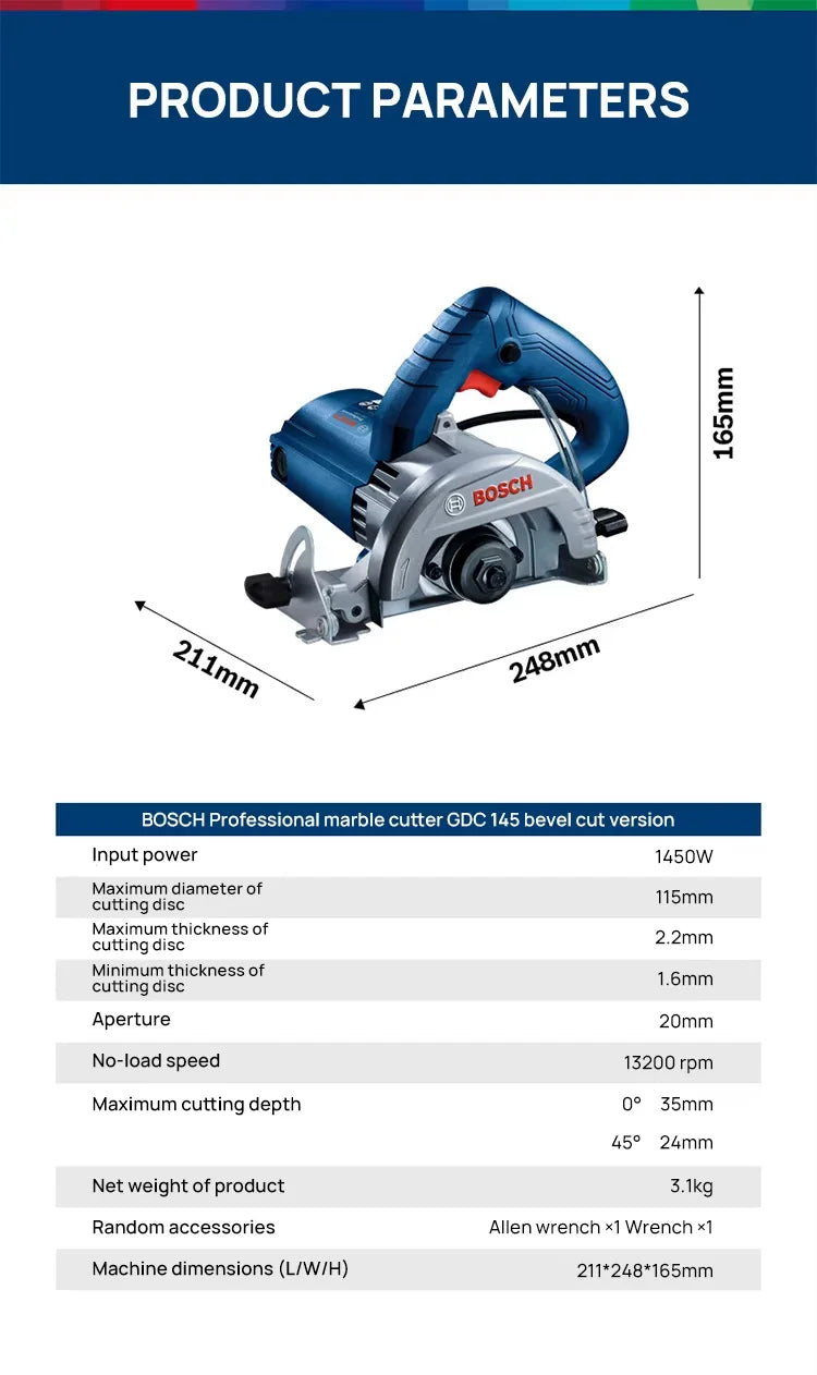 Smerigliatrice Angolare Industriale BOSCH GDC145 1450W, Disco da 115mm Profondità 35mm, Bassa Vibrazione Alta Precisione, Utensile Multiuso per Scanalatura e Sagomatura su Pietra/Piastrelle/Calcestruzzo
