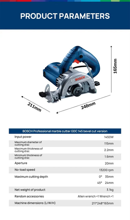 Smerigliatrice Angolare Industriale BOSCH GDC145 1450W, Disco da 115mm Profondità 35mm, Bassa Vibrazione Alta Precisione, Utensile Multiuso per Scanalatura e Sagomatura su Pietra/Piastrelle/Calcestruzzo
