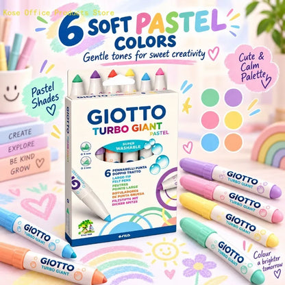 GIOTTO Set da 6 Pennarelli Pastello Turbo Giant Super Lavabili con Punta Larga in Feltro per Disegno, Colorazione, Progetti Artistici Scolastici per Bambini