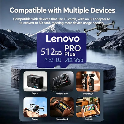 Scheda Micro SD ad alta velocità Lenovo, 1 TB, 512 GB, classe V30, U3, scheda di memoria Micro SD da 256 GB, per la registrazione di video in 4K, scheda TF per droni e action cam.