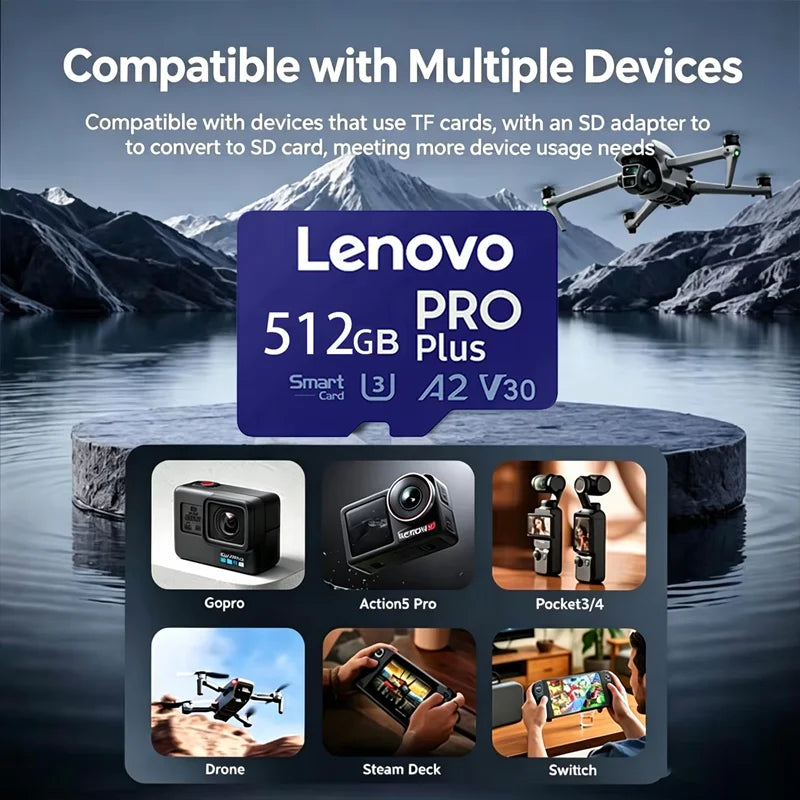 Scheda di memoria Lenovo TF, Micro SD, 128 GB, 256 GB, 512 GB, 1 TB, UHS-I, U3, V30, impermeabile, resistente agli urti, per smartphone, tablet e sistemi di videosorveglianza.