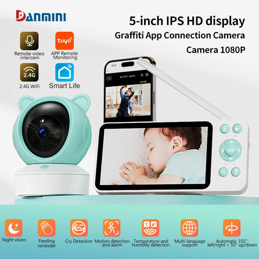 DANMINI Baby monitor da 5 "tuya 2K WiFi ad alta definizione APP mobile remota controllo telecamera cardanica con rotazione su, giù, sinistra e destra