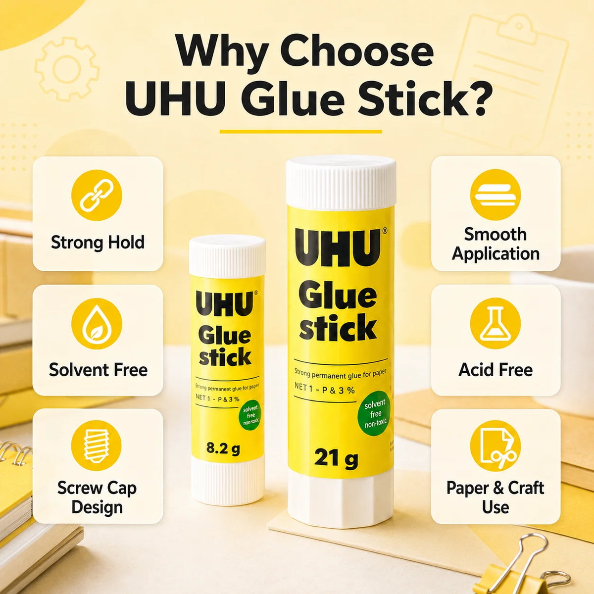 Colla stick UHU 8.2g 21g, colla solida forte, senza disordine, per scuola, ufficio, artigianato, carta.