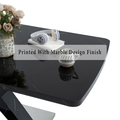 Tavolo da pranzo rettangolare moderno da 120 cm-160 cm, piano da tavolo in marmo nero stampato estensibile + gamba da tavolo a forma di X in MDF con base in metallo