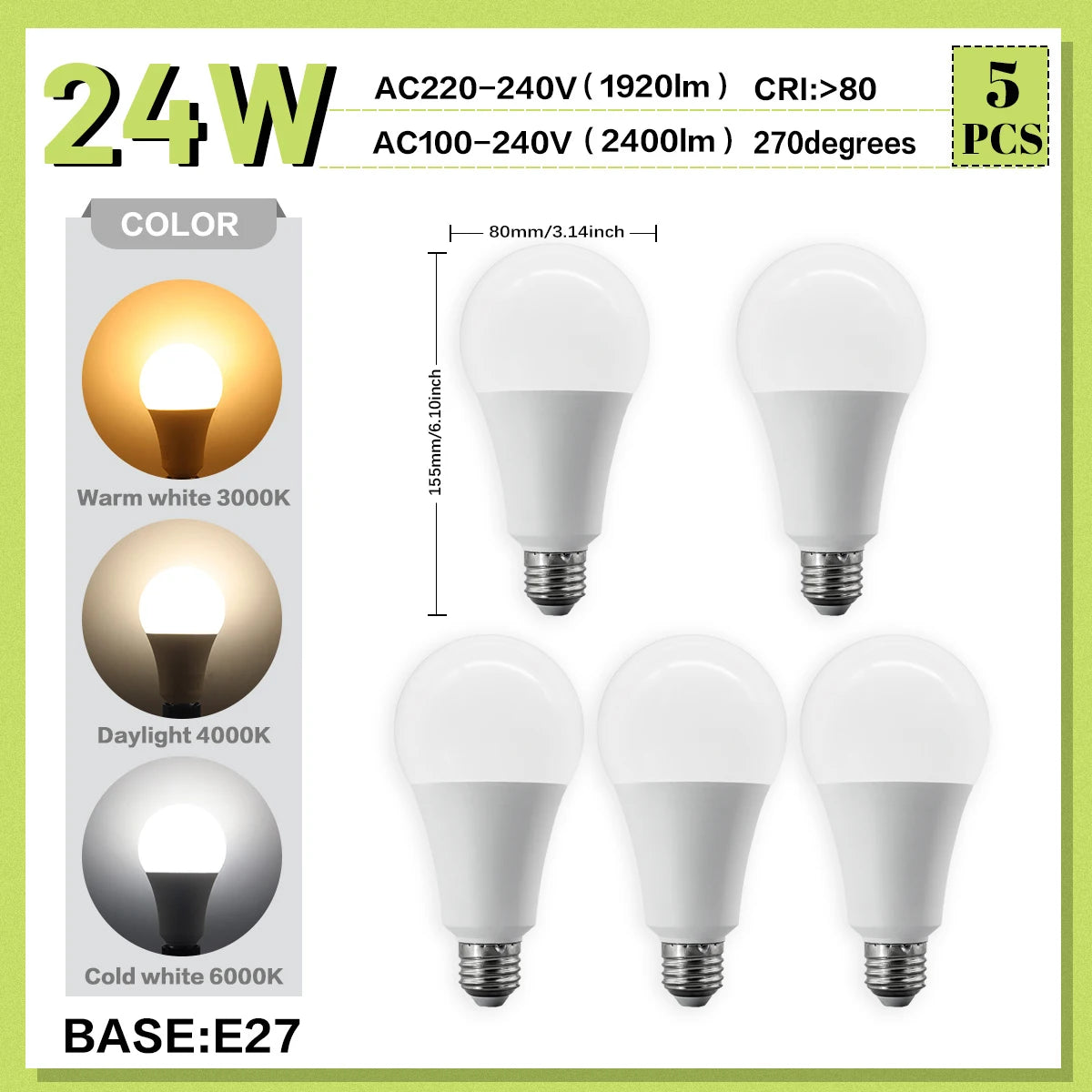 Set di 5 Lampadine LED E27 da 20W, 18W, 15W, 12W, 10W, 9W, 8W, AC220V, Potenza Reale, A60 A80, per Soggiorno e Casa