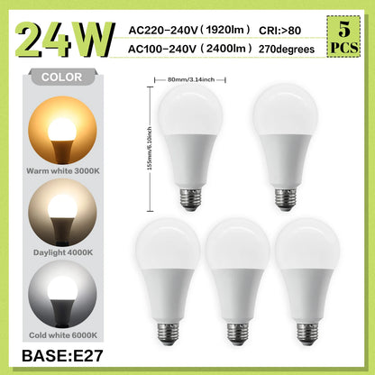 Set di 5 Lampadine LED E27 da 20W, 18W, 15W, 12W, 10W, 9W, 8W, AC220V, Potenza Reale, A60 A80, per Soggiorno e Casa