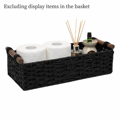 Cesto portaoggetti in legno massello con manico in corda di carta intrecciata in stile forestale, organizer per la cura del bagno e del lavabo, cesti da ripiano