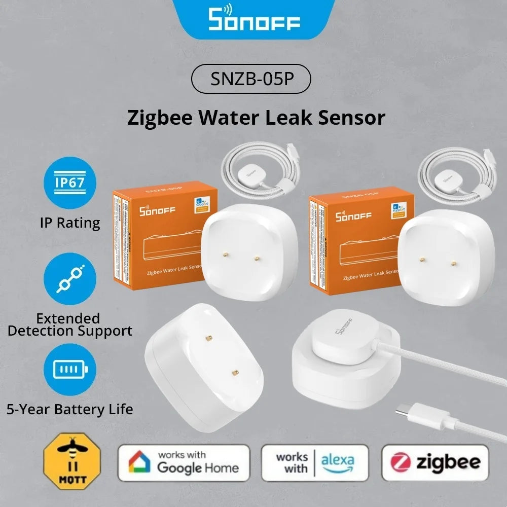 SONOFF SNZB-05P Sensore di perdite d'acqua Zigbee Sonoff, Rilevatore d'acqua con avvisi in tempo reale, Notifiche multiple, Supporto esteso