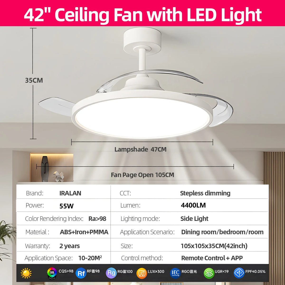 Ventilatore da soffitto semplice con luce Ventilatore elettrico intelligente retrattile Grande ventilatore per sala da pranzo per la casa Apparecchi decorativi da 42/48 pollici