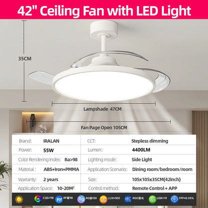 Ventilatore da soffitto semplice con luce Ventilatore elettrico intelligente retrattile Grande ventilatore per sala da pranzo per la casa Apparecchi decorativi da 42/48 pollici