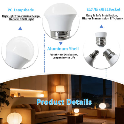 Confezione da 1-12 Lampadine LED E14 E27 B22 di Alta Qualità, AC 220V 240V 3W-7W 80lm/w, Mini Lampadina Senza Sfarfallio 3000K 4000K 6000K