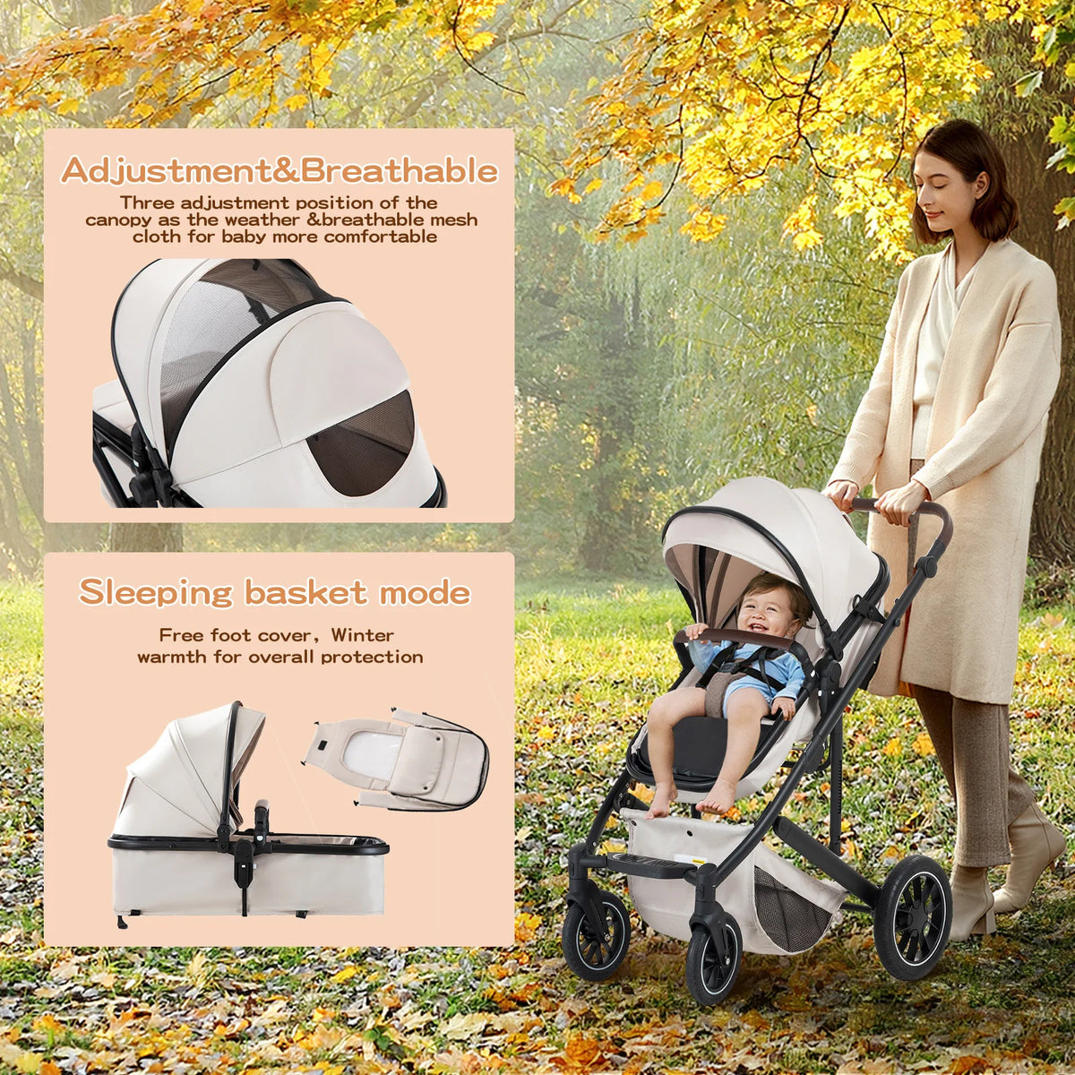 Lussuoso passeggino da viaggio portatile 3 in 1 Carrello pieghevole in alluminio ad alto paesaggio Carrozzina a quattro ruote per neonato