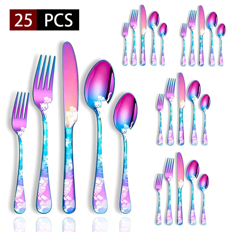Set di posate in acciaio inossidabile con incisione laser Rose Cat, 4/15/25/40 pezzi, coltello, forchetta, cucchiaio, per coppie, stoviglie per feste