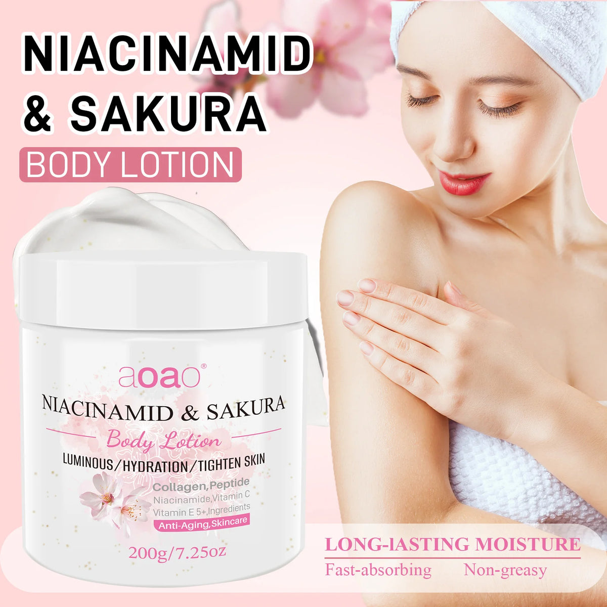 Lozione Corpo Profumata alla Niacinamide e Sakura, Contiene Burro di Karité, Niacinamide e Sakura, Rinfrescante, Non Appiccica, Pelle Morbida e Liscia, Idratante Corpo Intero Nutriente a Lunga Durata per la Cura della Pelle