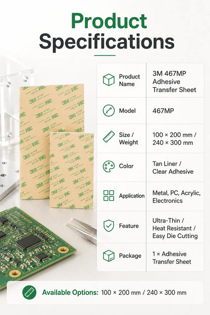 Foglio Adesivo 3M 467MP, Nastro Biadesivo Ultra Sottile 200MP per Alte Temperature, per Metallo, PC, Acrilico, Elettronica, 100x200/240x300mm