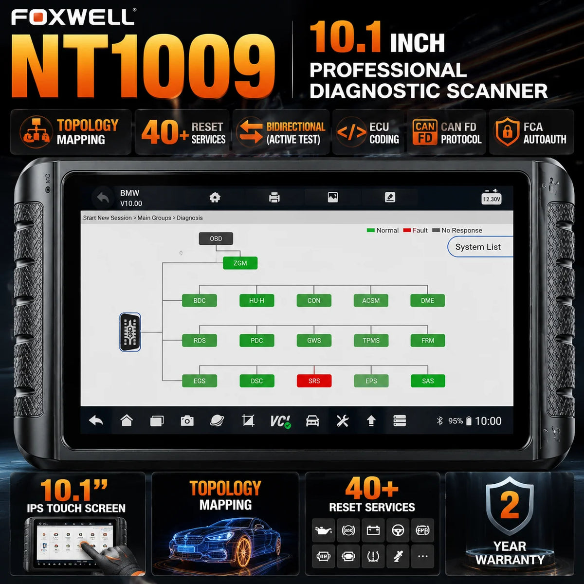 FOXWELL NT1009 Scanner Professionale OBD2, Strumento di Scansione Bidirezionale, Scanner Diagnostico per Tutti i Sistemi, Codifica ECU, CAN FD, FCA AutoAuth, Test Attivi, Mappatura Topologica, 35+ Servizi di Reset, Strumento