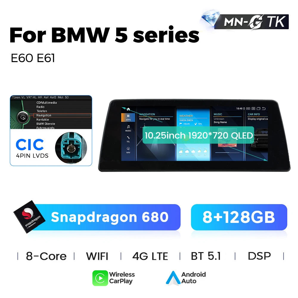 Mekede 10.25/12.3 pollici QLED Android 14 Snapdragon 128GB ROM CarPlay Wireless Auto Multimedia per BMW Serie 5 E60 E61 E62 E63 E64 Sistema CCC CIC Navigazione GPS Doppio BT 4G WiFi DSP
