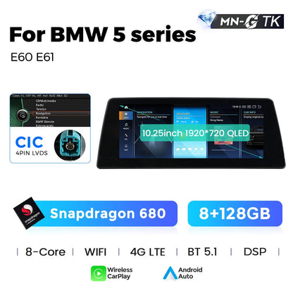 Mekede 10.25/12.3 pollici QLED Android 14 Snapdragon 128GB ROM CarPlay Wireless Auto Multimedia per BMW Serie 5 E60 E61 E62 E63 E64 Sistema CCC CIC Navigazione GPS Doppio BT 4G WiFi DSP