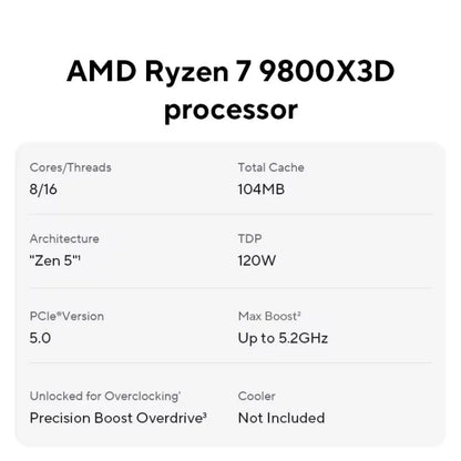 Processore AMD Ryzen 7 9800X3D 8-Core, 5.2GHz Max Boost, 96MB Cache L3, 120W TDP, Socket AM5, Dissipatore Non Incluso