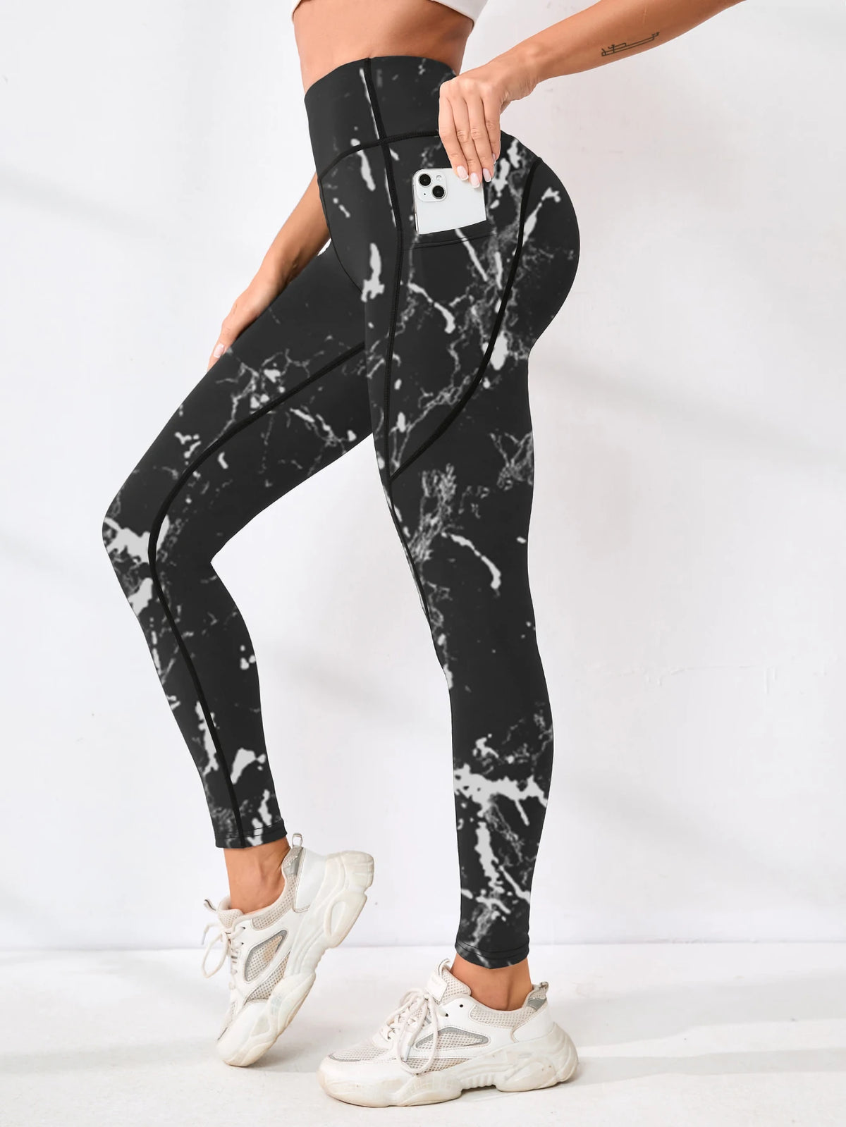 Pantaloni fitness da donna con tasca a vita alta stampati abbinati a pantaloni da yoga addominali attillati, adatti per correre, escursioni e sp