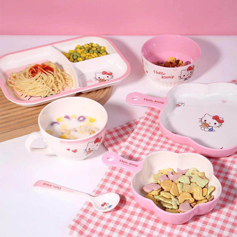 WUHE Set di Stoviglie per Bambini Hello Kitty, Ciotole e Piatti in Melamina, Design Cartoon per Ragazze, Senza BPA, Infrangibile, Lavabile in Lavastoviglie