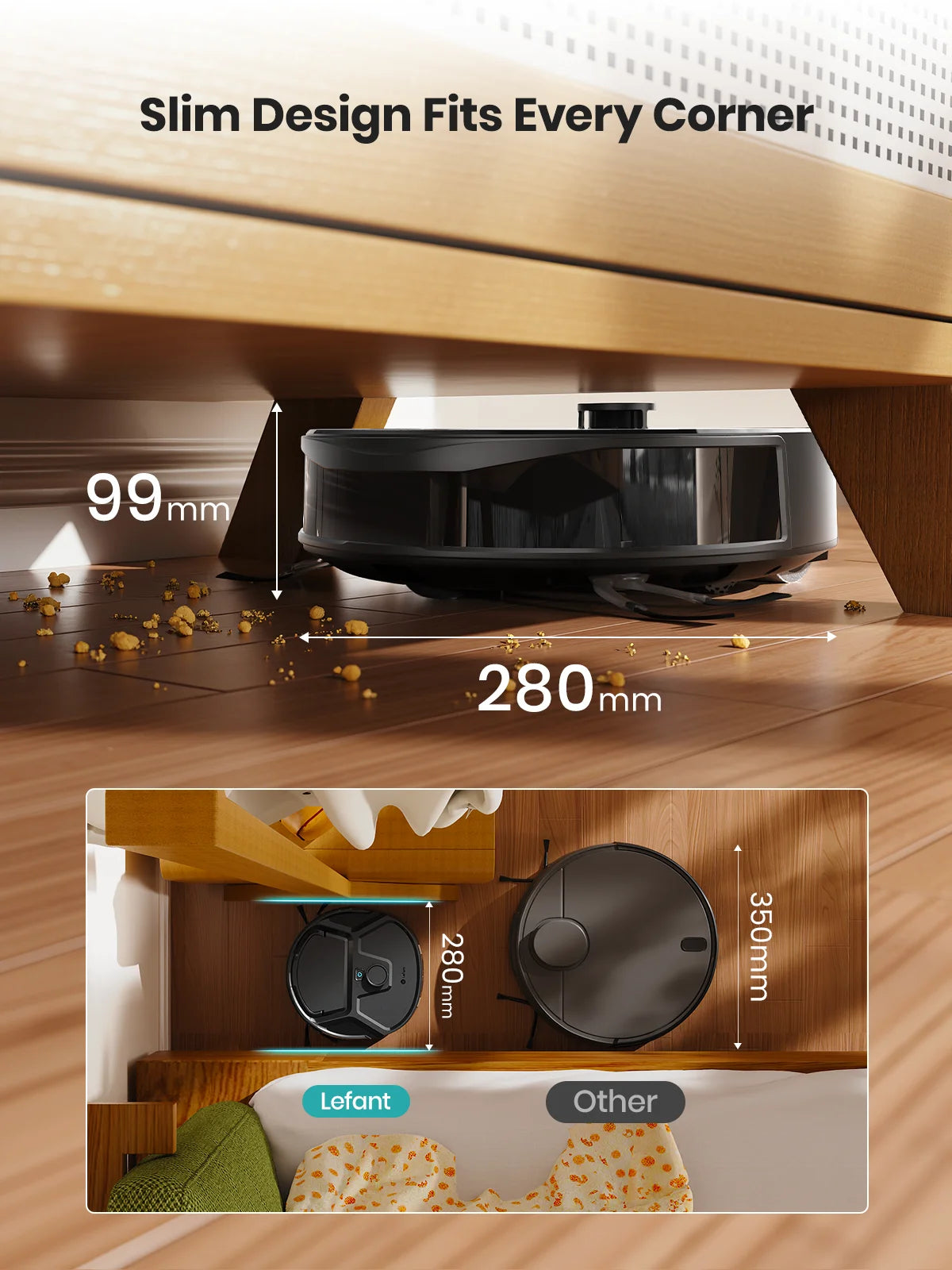 Robot aspirapolvere Lefant M265 con mappatura, 18000 Pa, rullo autopulente, lavaggio con acqua pulita, laser dToF, evita PSD, anti-groviglio, compatto, WiFi 2.4G/5G/Alexa/APP
