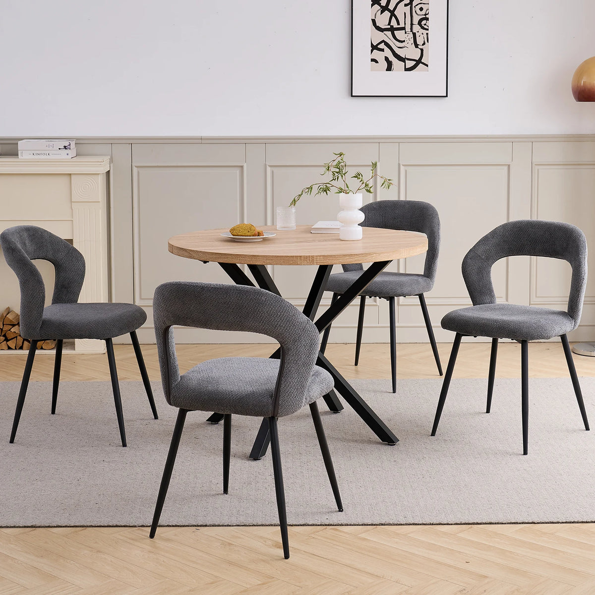 EGOONM Set di 4 Sedie da Pranzo Moderne con Schienale Cavo, Sedie Laterali Imbottite in Tessuto, Gambe in Metallo Nero, Sedie d'Accento per Cucina e Caffè
