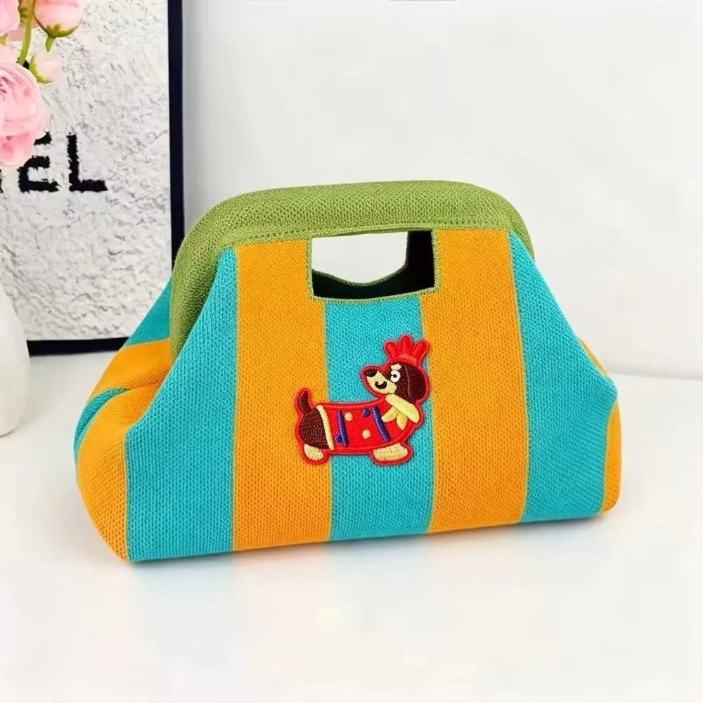 Nuova borsa intrecciata traforata a righe, borsa a mano in maglia, versatile borsa portatile per cosmetici