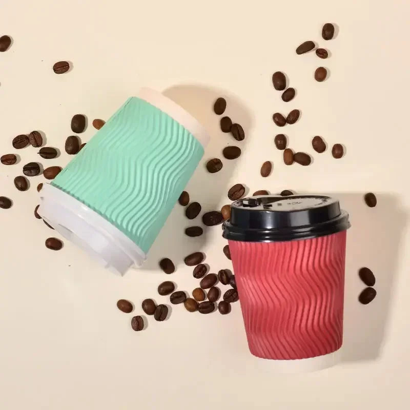 20 set di bicchieri di carta usa e getta colorati, onde di carta ondulata, antiscottatura, tazze da tè al latte, tazze da caffè confezionate da asporto con coperchio