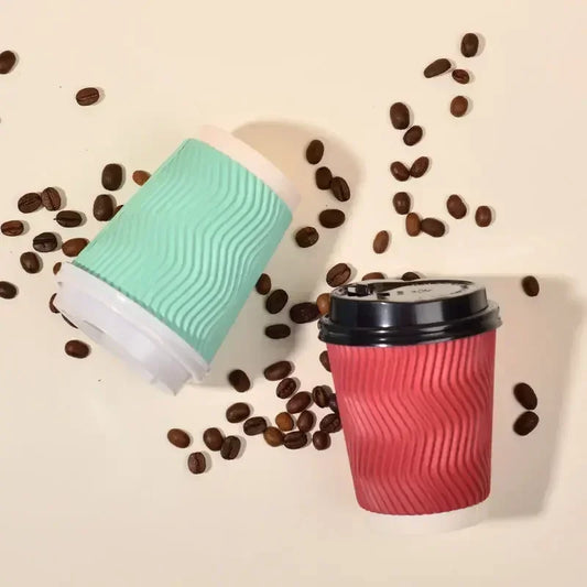 20 set di bicchieri di carta usa e getta colorati, onde di carta ondulata, antiscottatura, tazze da tè al latte, tazze da caffè confezionate da asporto con coperchio