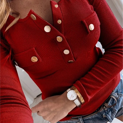 Maglia a maniche lunghe da donna per l'autunno, top alla moda con scollo semi rotondo e bottoni, tinta unita, casual, versatile, ideale come capo base.