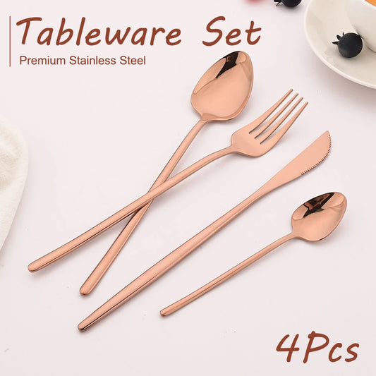 Set di posate da 4 pezzi in acciaio inossidabile, stile occidentale, colore oro rosa, con forchetta, coltello e cucchiaio