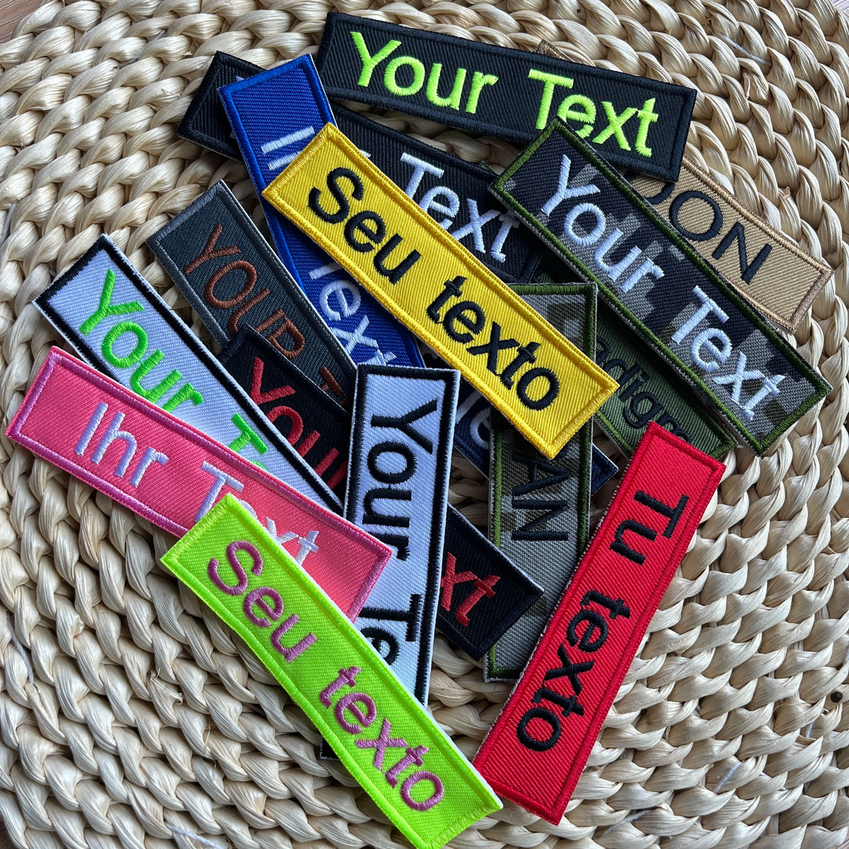 Etichette con nome ricamate, patch personalizzate con nome, da applicare a caldo, da cucire o con gancio, per uniformi e camicie da lavoro. Scegli i tuoi colori.