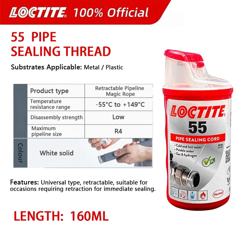 100% originale Loctite 55 Cavo sigillante per tubi Nastro multiuso Sigillante per filettatura per perdite d'acqua e di gas Dimensioni fisse 50 m/160 m