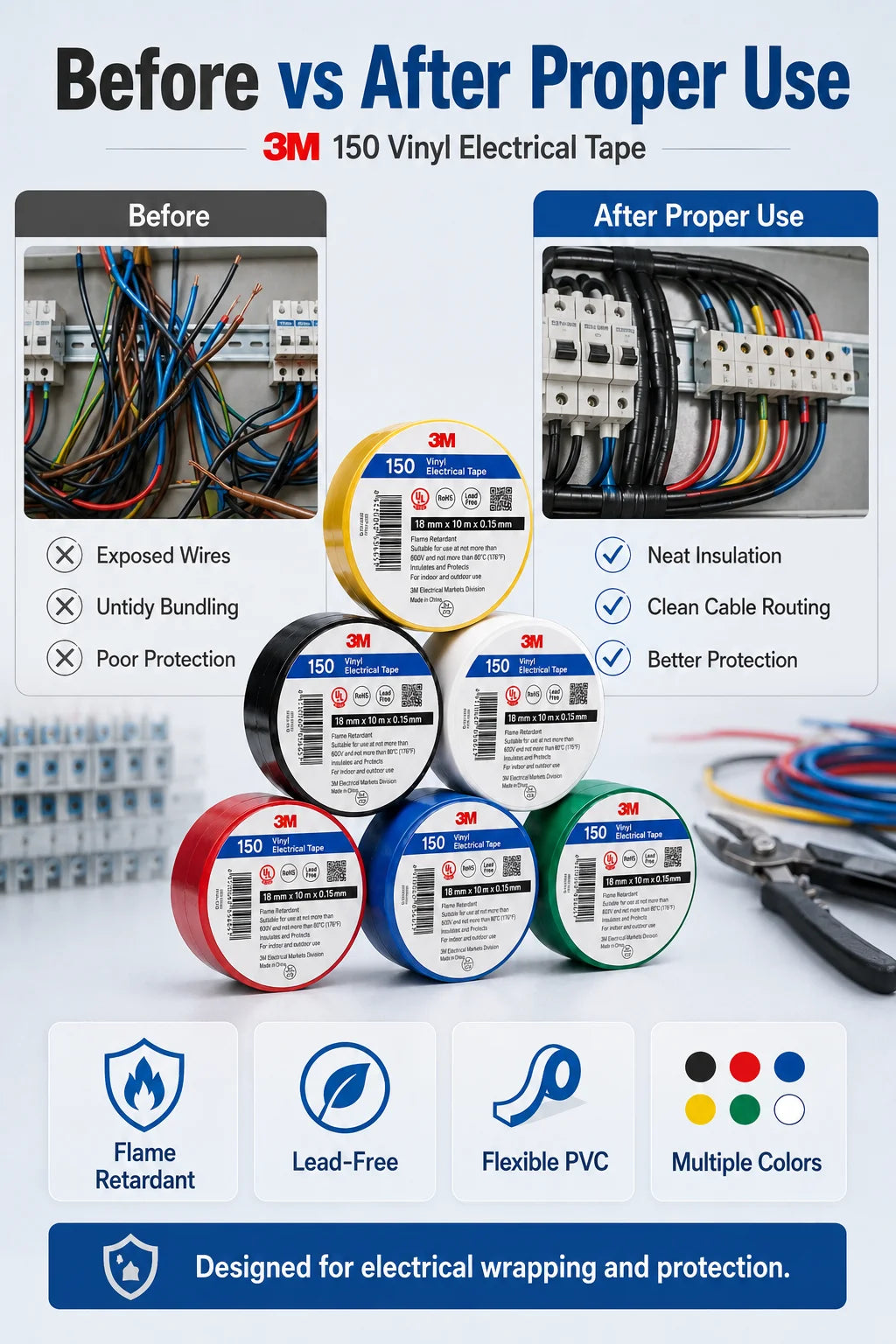Nastro isolante in PVC 3M 150, ignifugo, senza piombo, per la riparazione di cavi e fili elettrici, 6 colori, 18mmx10m