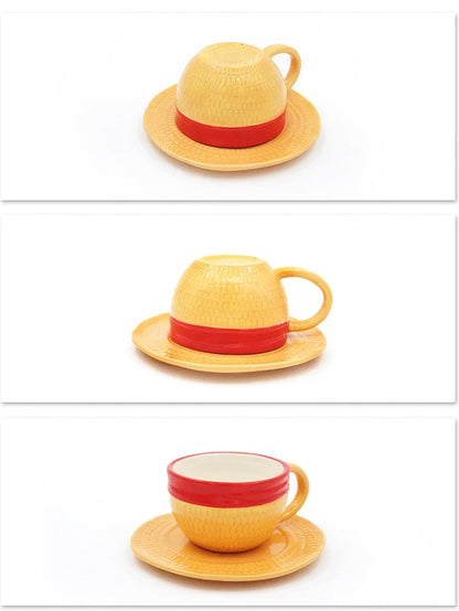 Tazza da caffè e piattino del fumetto Tazze d'acqua a forma di cappello creativo Cosplay Anime Chopper Ace Sabo Tazza in ceramica Piatto da dessert Regali