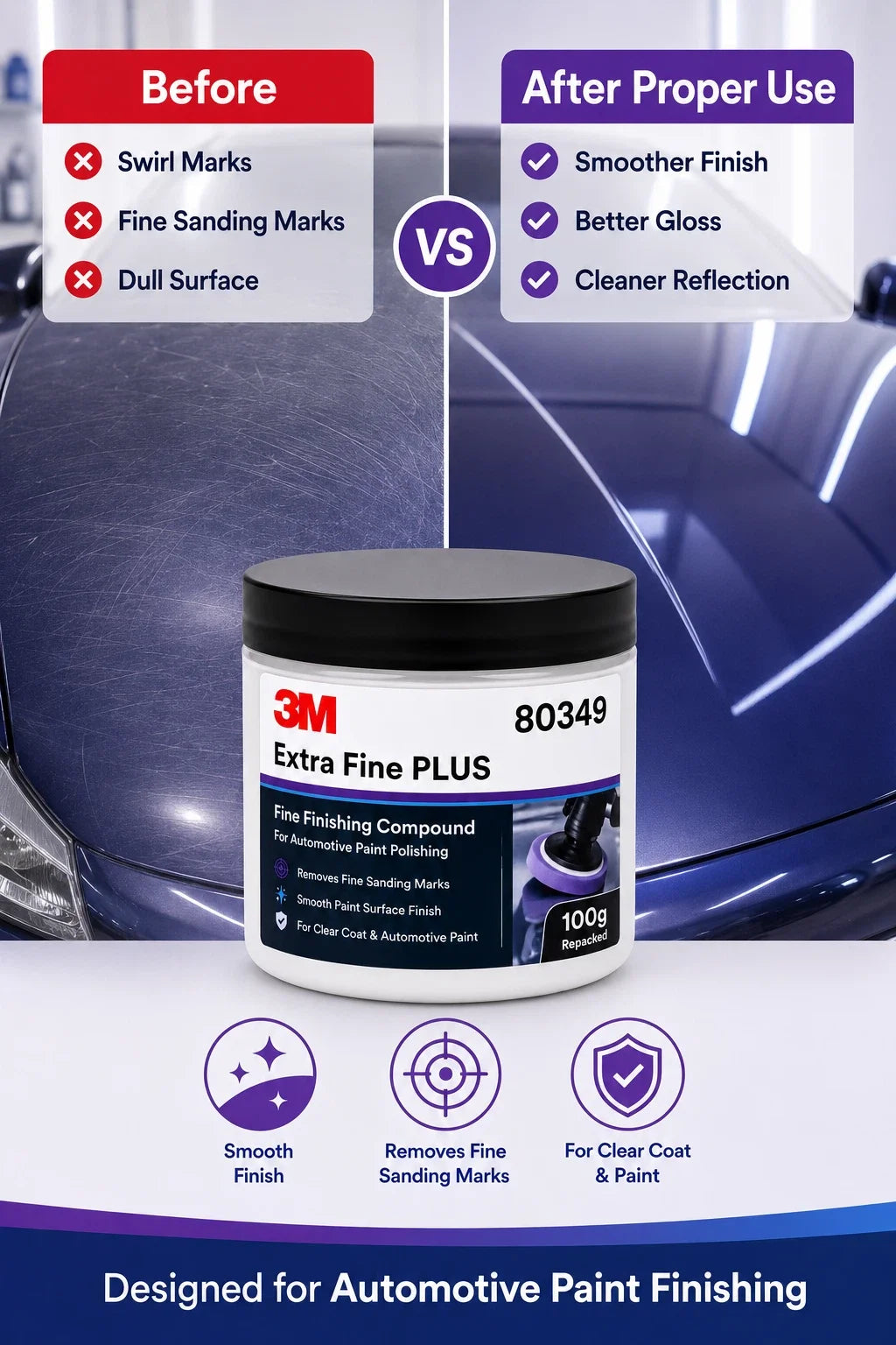 Composto Lucidante Professionale 3M 80349 Extra Fine Plus per Vernice Auto, Rimozione Graffi Sottili, Dettagliatura Finitura Trasparente, 100g Riconfezionato