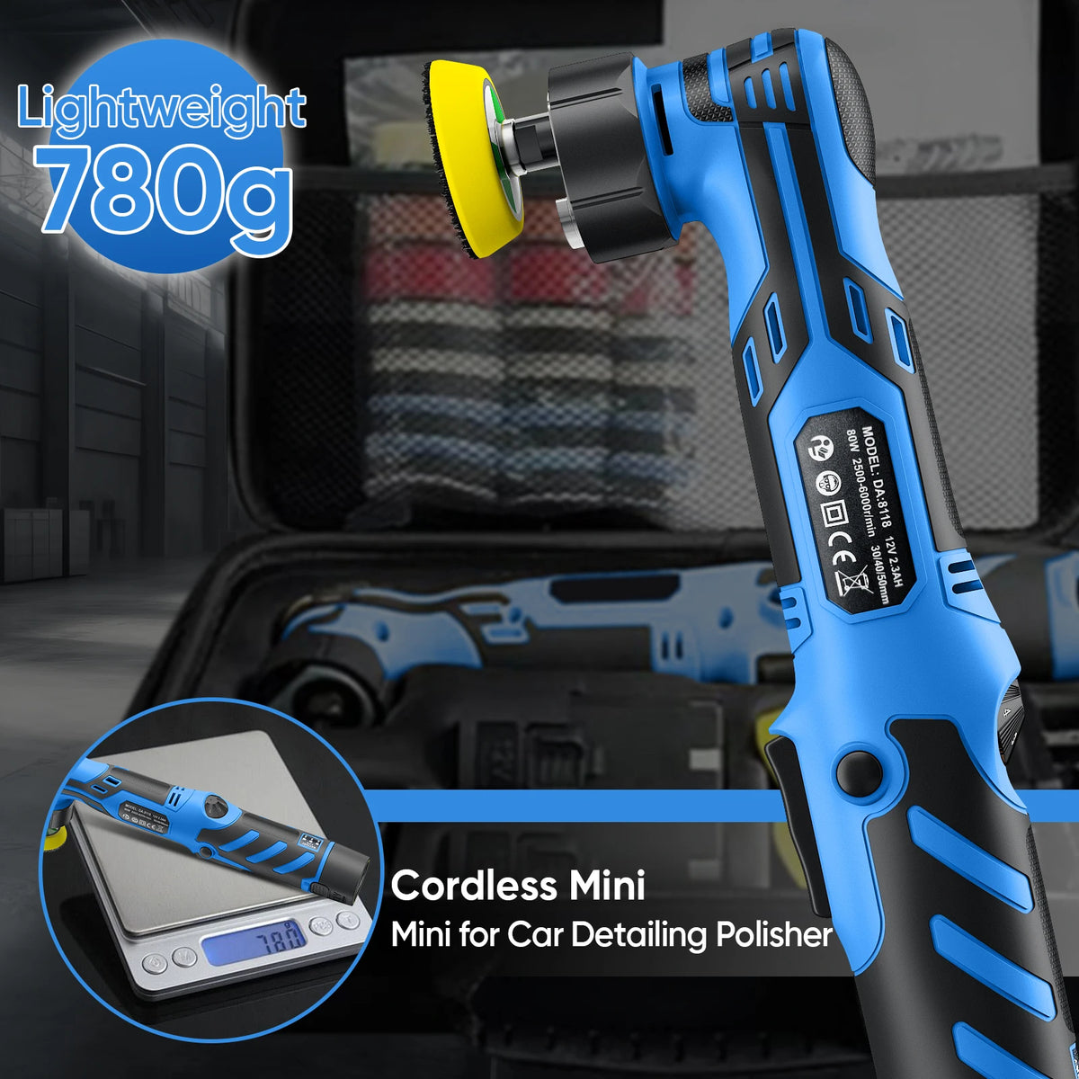 Lucidatrice per auto portatile a batteria 12V, con doppia modalità di funzionamento (rotazione e oscillazione), dotata di kit di tamponi da 1/1,5/2 pollici, strumento elettrico senza fili per la cura e la lucidatura dell’a