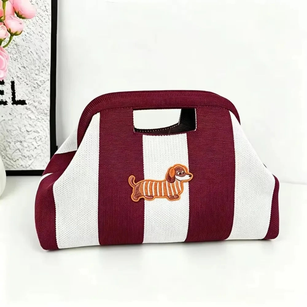 Nuova borsa intrecciata traforata a righe, borsa a mano in maglia, versatile borsa portatile per cosmetici