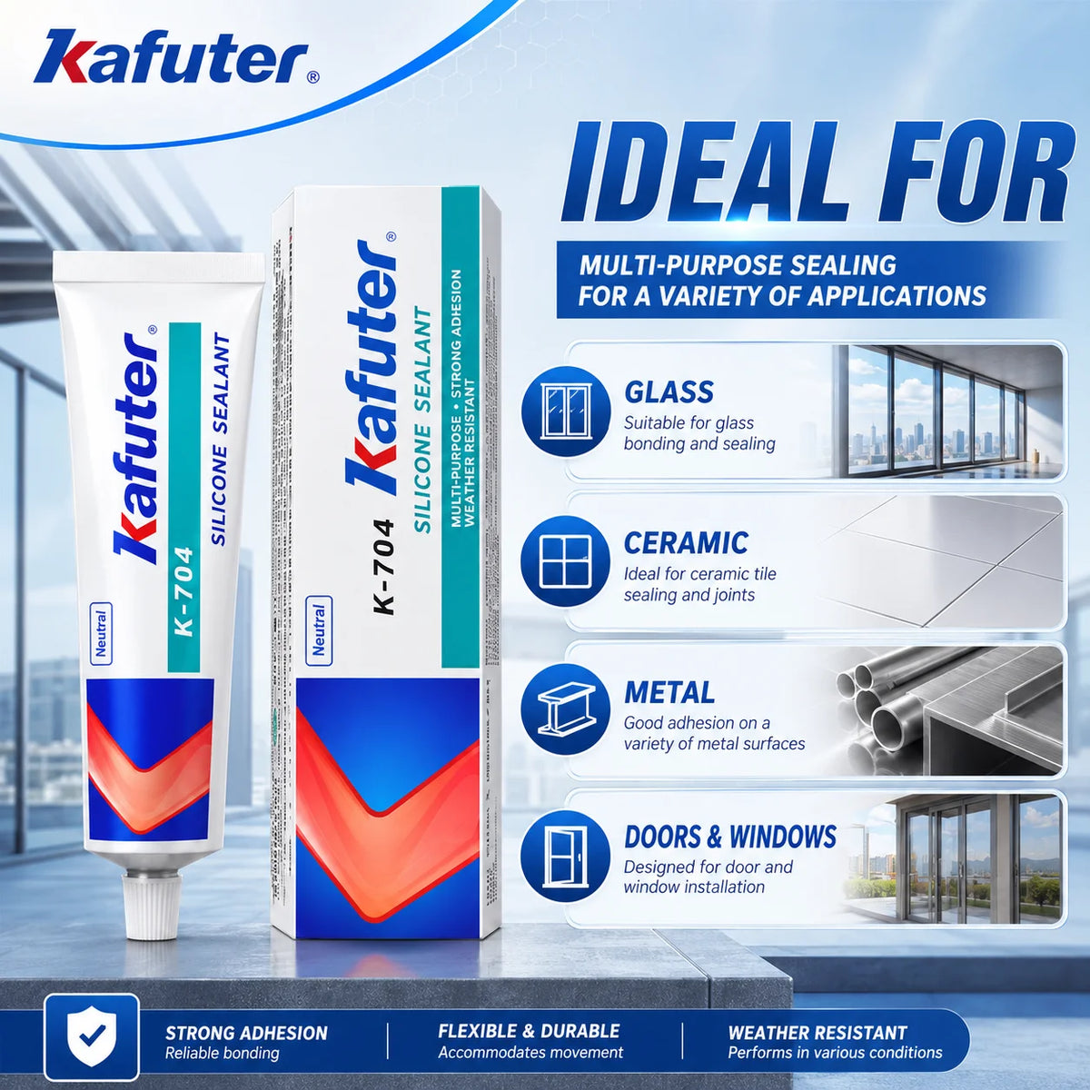 Kafuter K-704 Sigillante Siliconico a Polimerizzazione Neutra, Adesivo Impermeabile RTV per Sigillatura di Vetro, Metallo e Ceramica