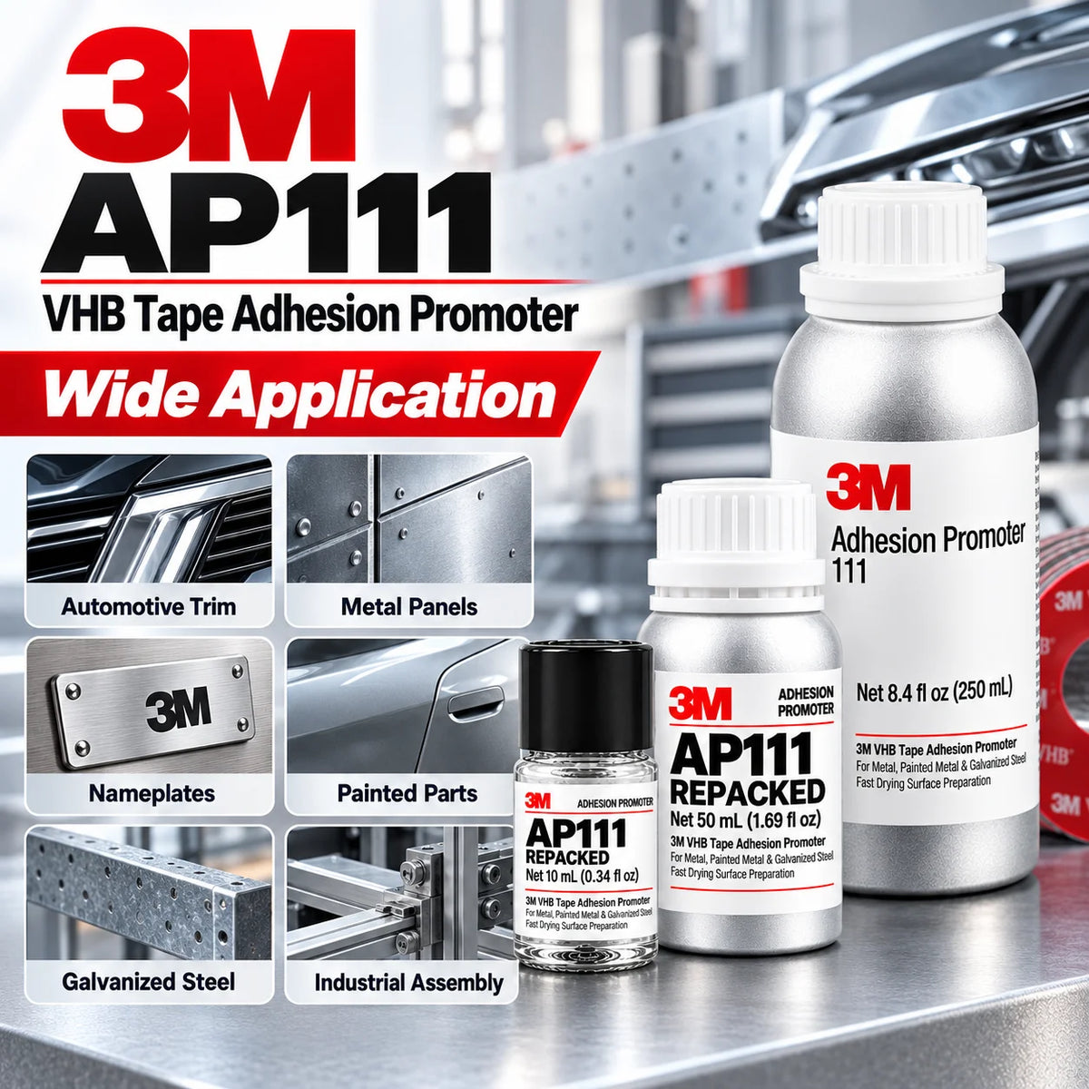 3M AP111 Promotore di Adesione, Primer per Nastro VHB ad Asciugatura Rapida, Preparazione Superficie per Metallo, Acciaio Verniciato e Zincato, Uso Automobilistico, 10ml 50ml