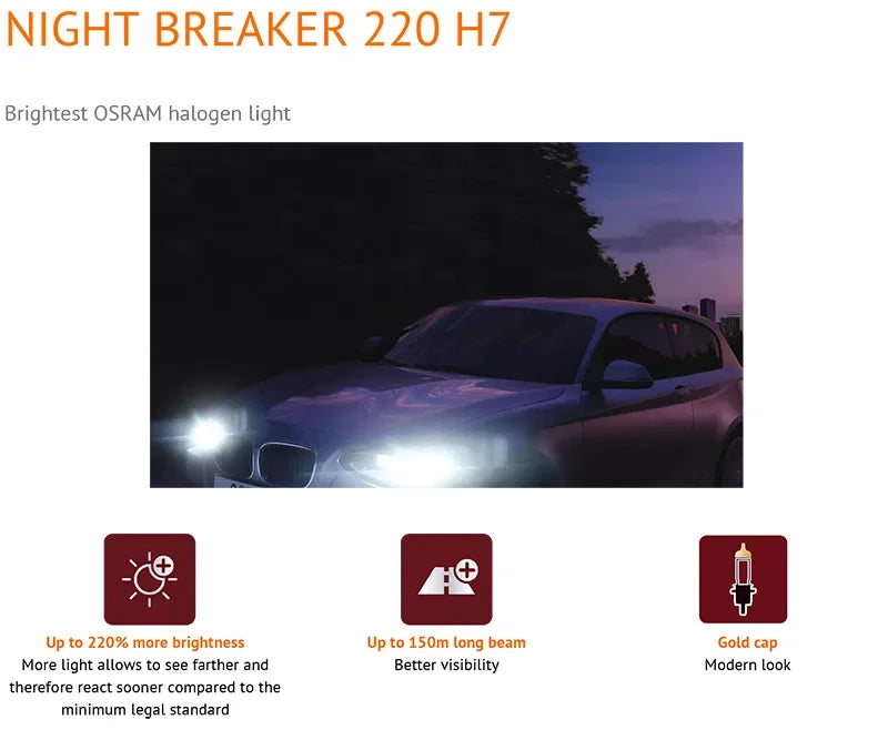 OSRAM H7 Night Breaker 220 Lampade alogene per auto + 220% potenza luminosa + 150 m Fascio lungo Luce originale 12 V 55 W Germania 64210NB220